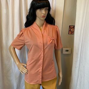 Vintage 70’s Stoplight of California Peach Polka-Dot Button Down Blouse - M